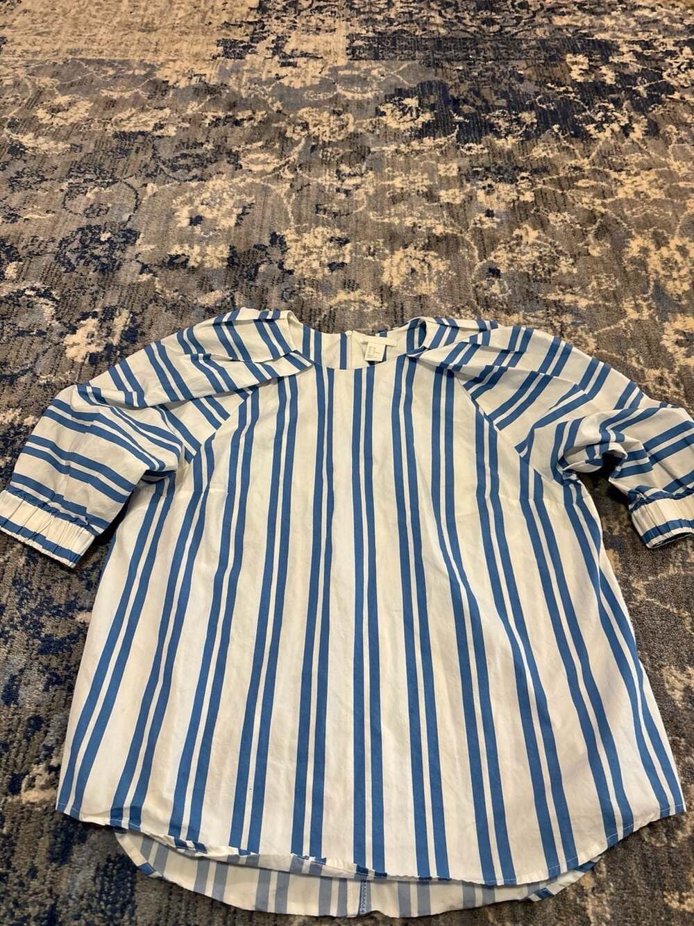 H&M Striped Blouse Size US 12 Blue White Balloon Sleeve